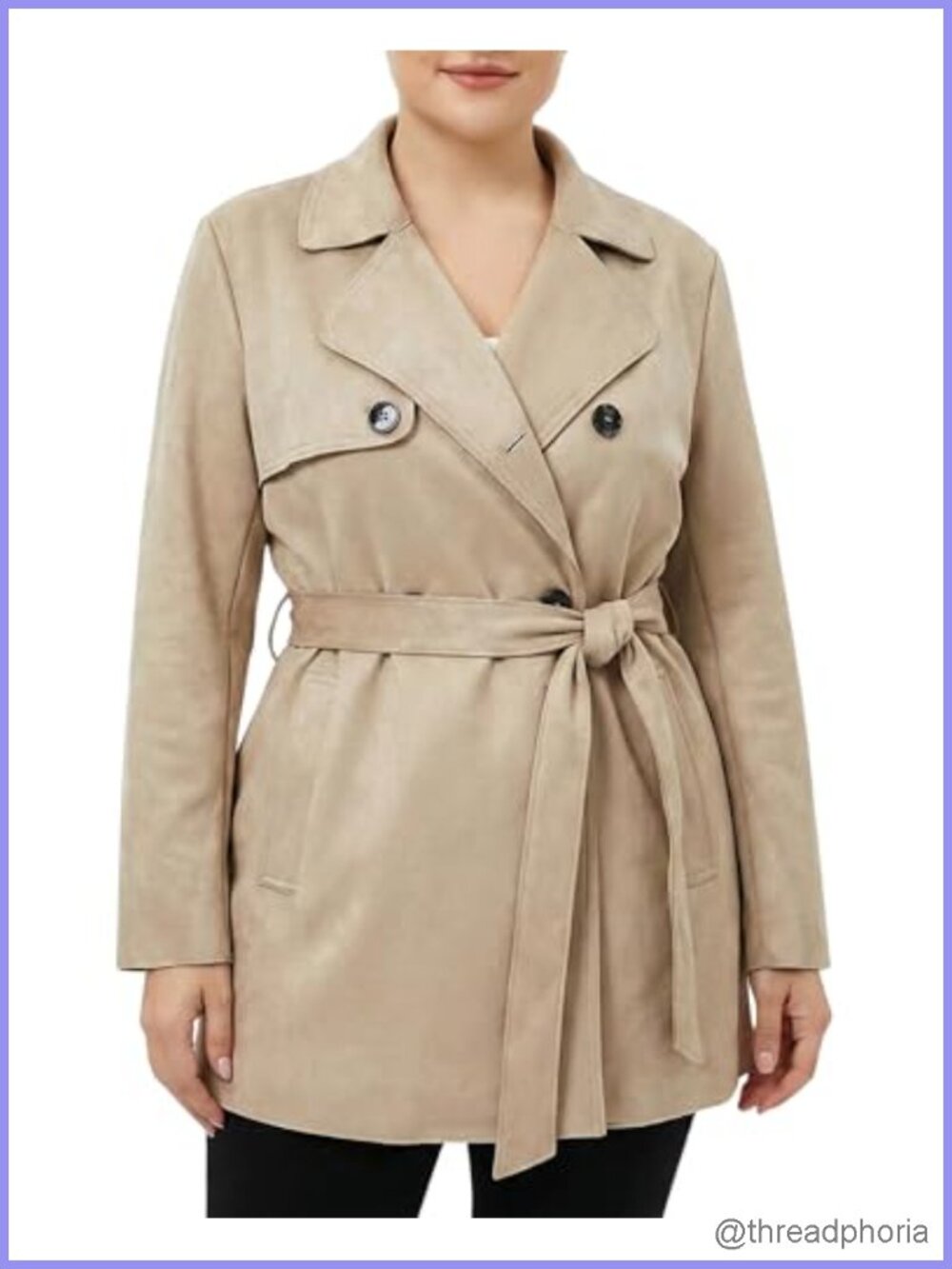Faux Suede Trench Coat Women Short Cropped Double Breasted Belted